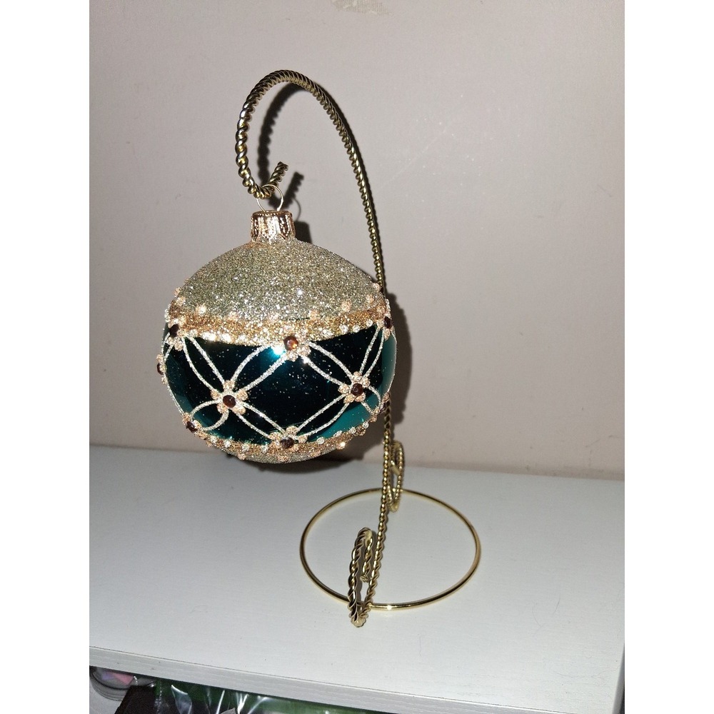Dagmara Polish Glass Christmas Ornament Teal Gold Glitter Jeweled 3.5"